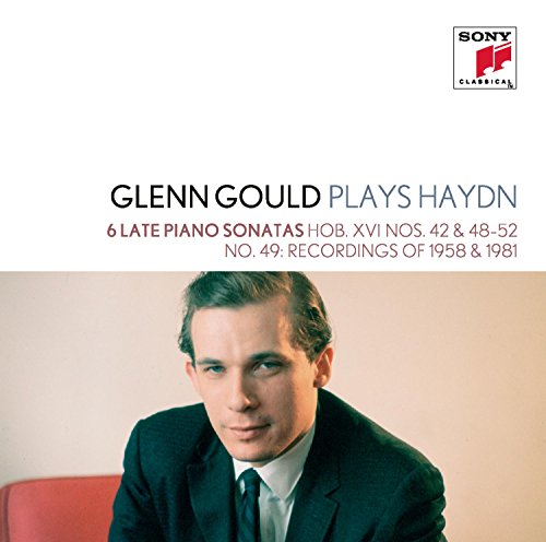 Glenn Gould portrait on CD cover for Haydn piano sonatas album.
