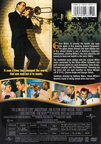 DVD back cover of "The Glenn Miller Story" featuring James Stewart with a trombone.