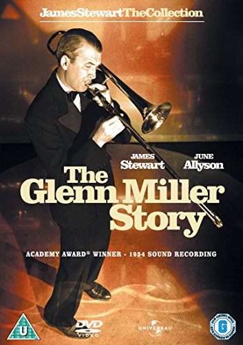 DVD cover for "The Glenn Miller Story" featuring James Stewart with a trombone.