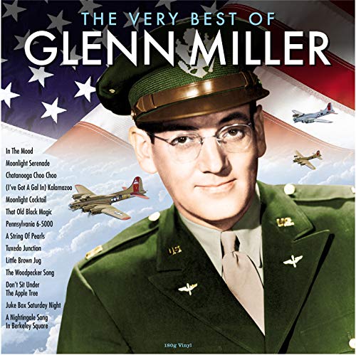 Glenn Miller in military uniform against an American flag background with vintage airplanes.