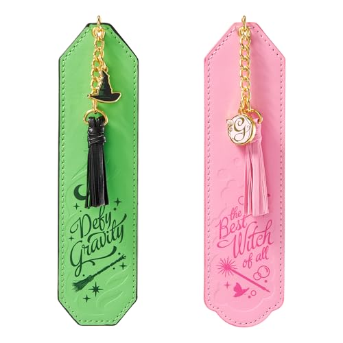 Green and pink bookmarks with charms, inspired by Wicked the musical.