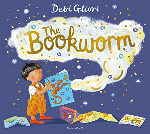 Child reading a book with a dragon illustration, surrounded by stars.