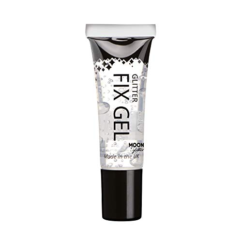 A clear squeeze tube of Moon Glow Glitter Fix Gel with a black cap.