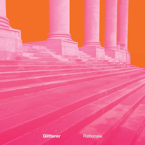Pink architectural columns and stairs against a bright orange background.
