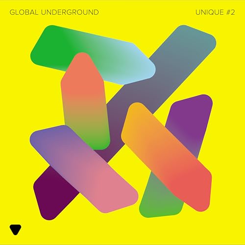 Yellow album cover with abstract overlapping colorful geometric shapes.