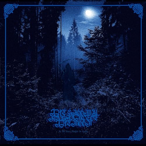 Dark forest scene with a cloaked figure under a bright moon.
