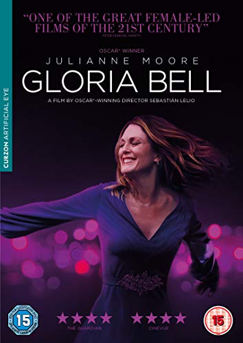 DVD cover for "Gloria Bell" featuring Julianne Moore smiling, dancing.