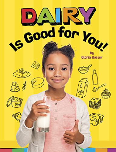 Book cover with a girl holding a glass of milk and dairy illustrations.