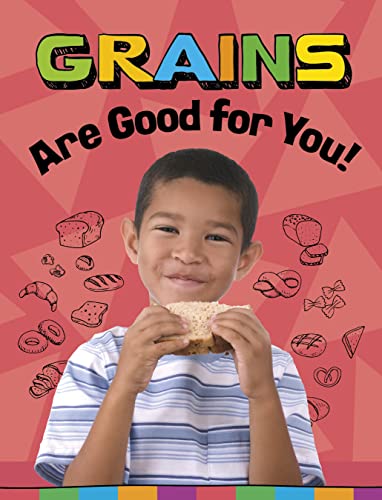 Boy eating a sandwich with illustrated grains and baked goods.