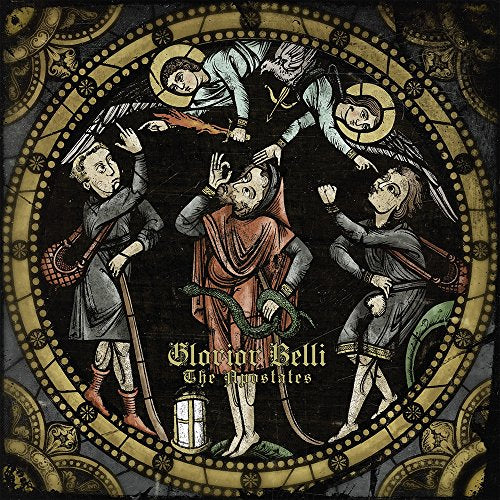Medieval-style illustration of figures with swords, surrounding a central figure.