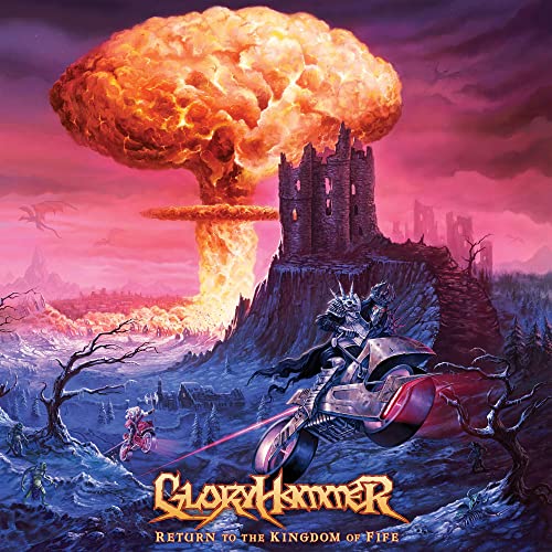 Album cover: a fiery explosion over a castle and fantasy figures.