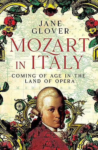 Book cover: portrait of young Mozart over a map background.
