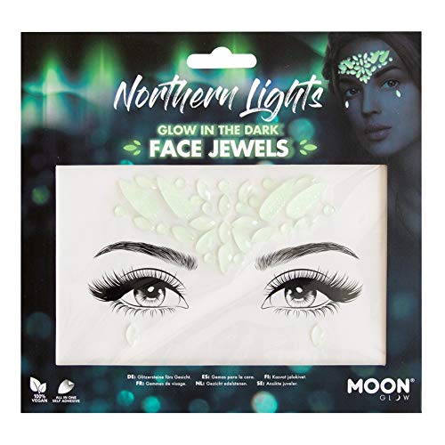 Package of glow-in-the-dark adhesive face jewels with a model wearing them shown above.
