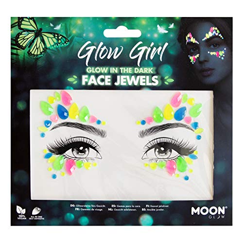 Pack of colorful glow-in-the-dark adhesive face jewels arranged for eye makeup application.