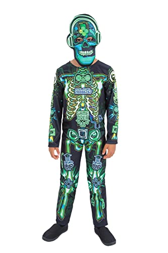 Child in a glow-in-the-dark tech-themed skeleton costume.