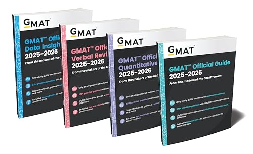 Four GMAT study guide books, labeled with dates 2025-2026, angled on white.
