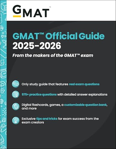 GMAT Official Guide 2025-2026 book cover with text and icons on a black background.
