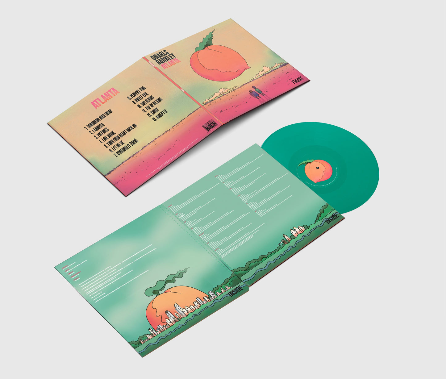 Gnarls Barkley Atlanta vinyl record showing the gatefold cover, tracklist, and teal vinyl disc.