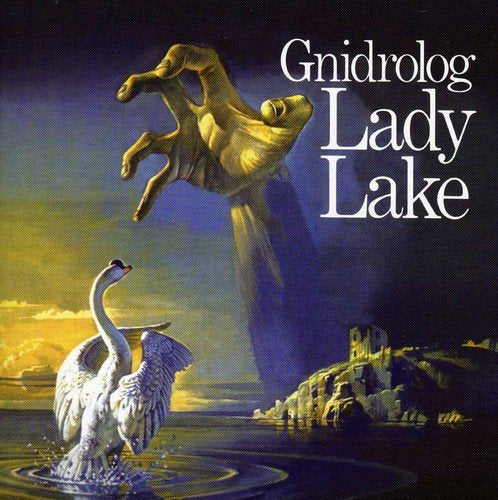 "Album cover art: surreal scene with swans, hand, and island in misty waters."