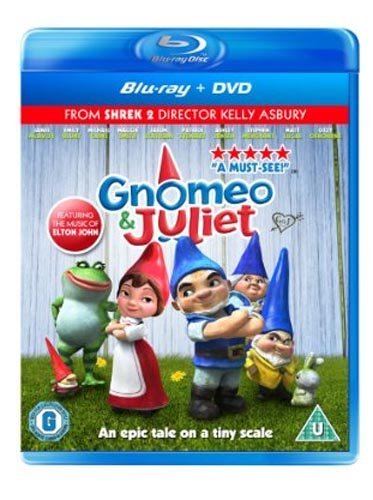 "Gnomeo & Juliet Blu-ray case featuring garden gnome characters and a frog on the cover."