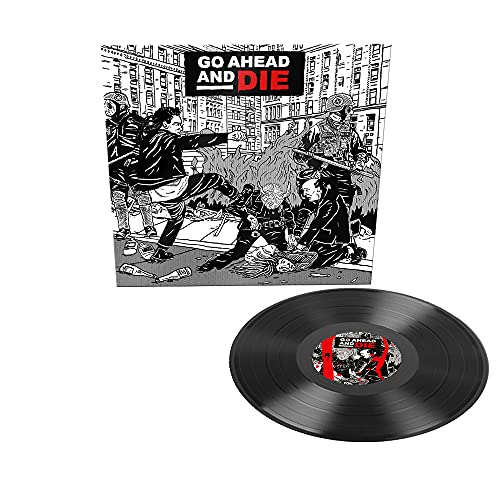 Vinyl record and album cover depicting a chaotic street scene with figures.
