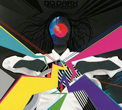 The image depicts a vibrant, abstract album cover for "Go Dark - Neon Young". Here is a concise description of the image in 15 words or less: A person with long hair and a white shirt surrounded by colorful geometric shapes and lines.