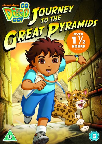 Diego and Baby Jaguar running towards pyramids on a Go Diego Go DVD cover.
