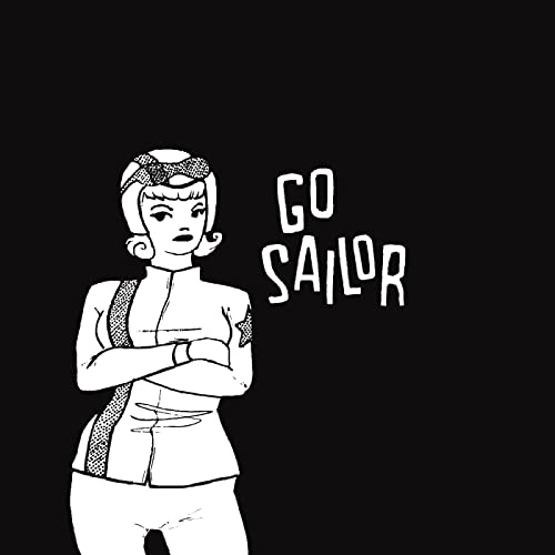 Black and white illustration of a woman in a sailor outfit with arms crossed.