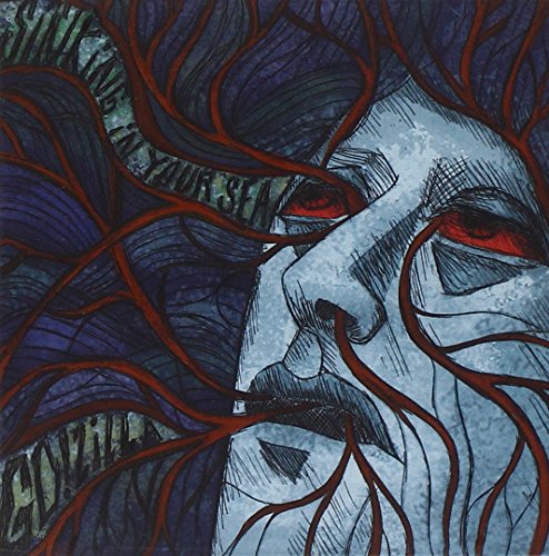 Blue and red illustrated face with intense, glowing red eyes.