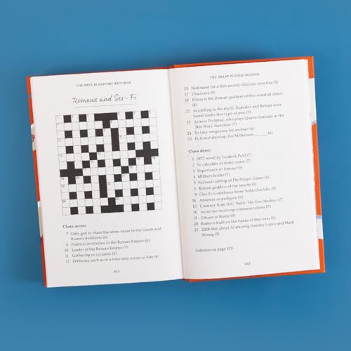 Open book displaying a crossword puzzle and historical trivia questions.
