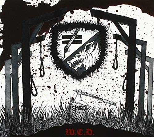 Black and white illustration of a wolf head within a shield and gallows.