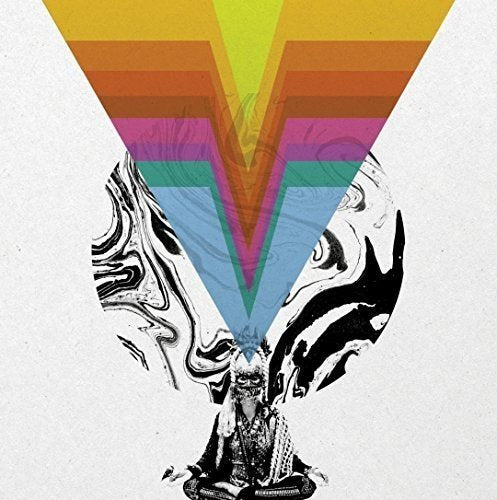 Album cover with a seated figure beneath abstract colorful and marbled shapes.