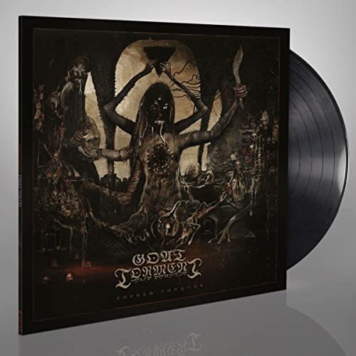 Dark album cover with a demonic figure and vinyl record beside it.