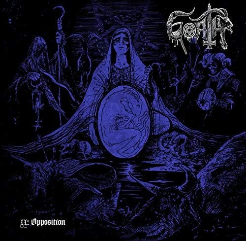 The image is a dark blue and black album cover with a central figure. Here is a possible alt text: "Dark blue illustration of a veiled woman surrounded by figures."