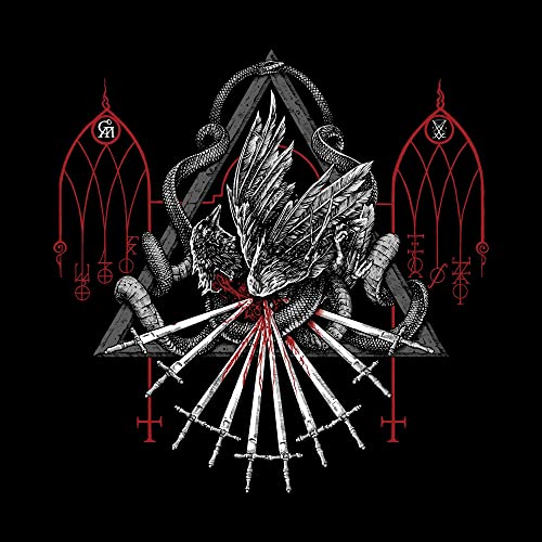 Black and red illustration of a horned, winged creature with swords.