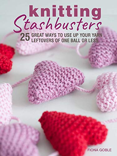 Book cover with knitted hearts and the title "Knitting Stashbusters.