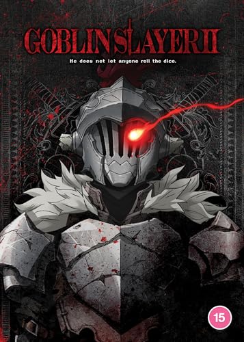 Goblin Slayer in silver armor with a glowing red eye on a dark background.