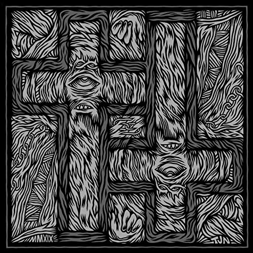 The image is a black-and-white illustration of a cross with eyes and faces. Here is a possible alt text: "Black and white illustration of a cross with faces and eyes."