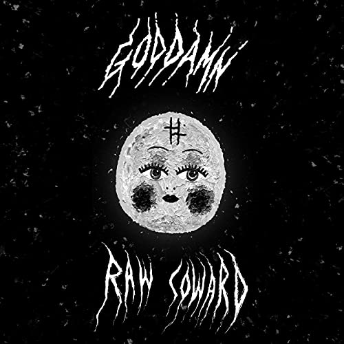 Black album cover with white text and a cartoonish moon face with makeup.