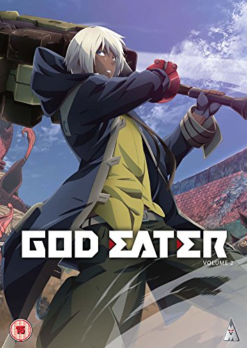 Anime character with white hair holding a large weapon on God Eater DVD cover.