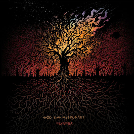 Detailed illustration of a burning tree against a starry night sky.