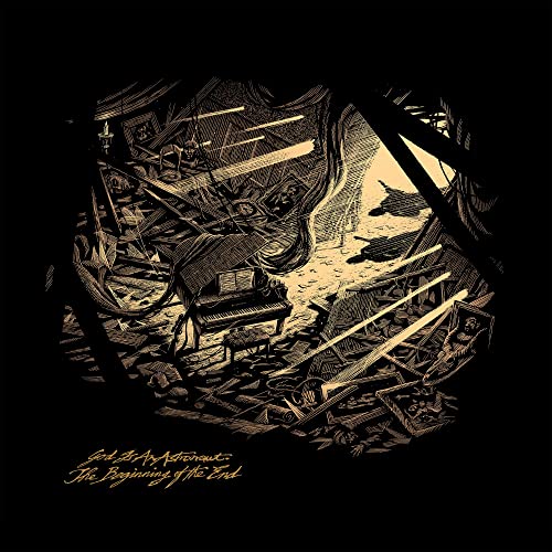 Detailed illustration of a piano in a collapsing, abstract room.