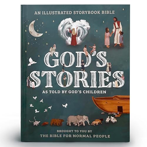 Book cover titled God's Stories featuring biblical illustrations, animals, and a large wooden ark.