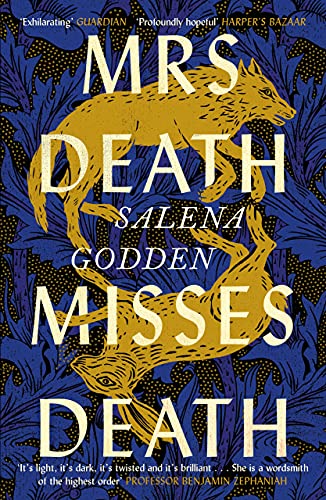 Book cover with title text over two golden foxes on a dark blue floral background.
