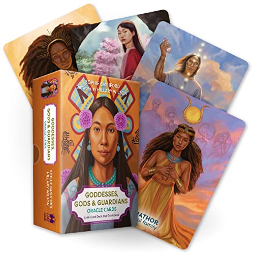 Oracle card deck and box featuring colorful illustrations of diverse deities.