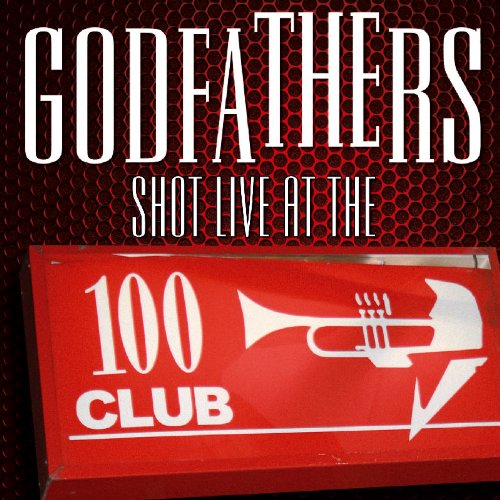 "Album cover with 'GODFATHERS' in white on black background, red panel with trumpet graphic."