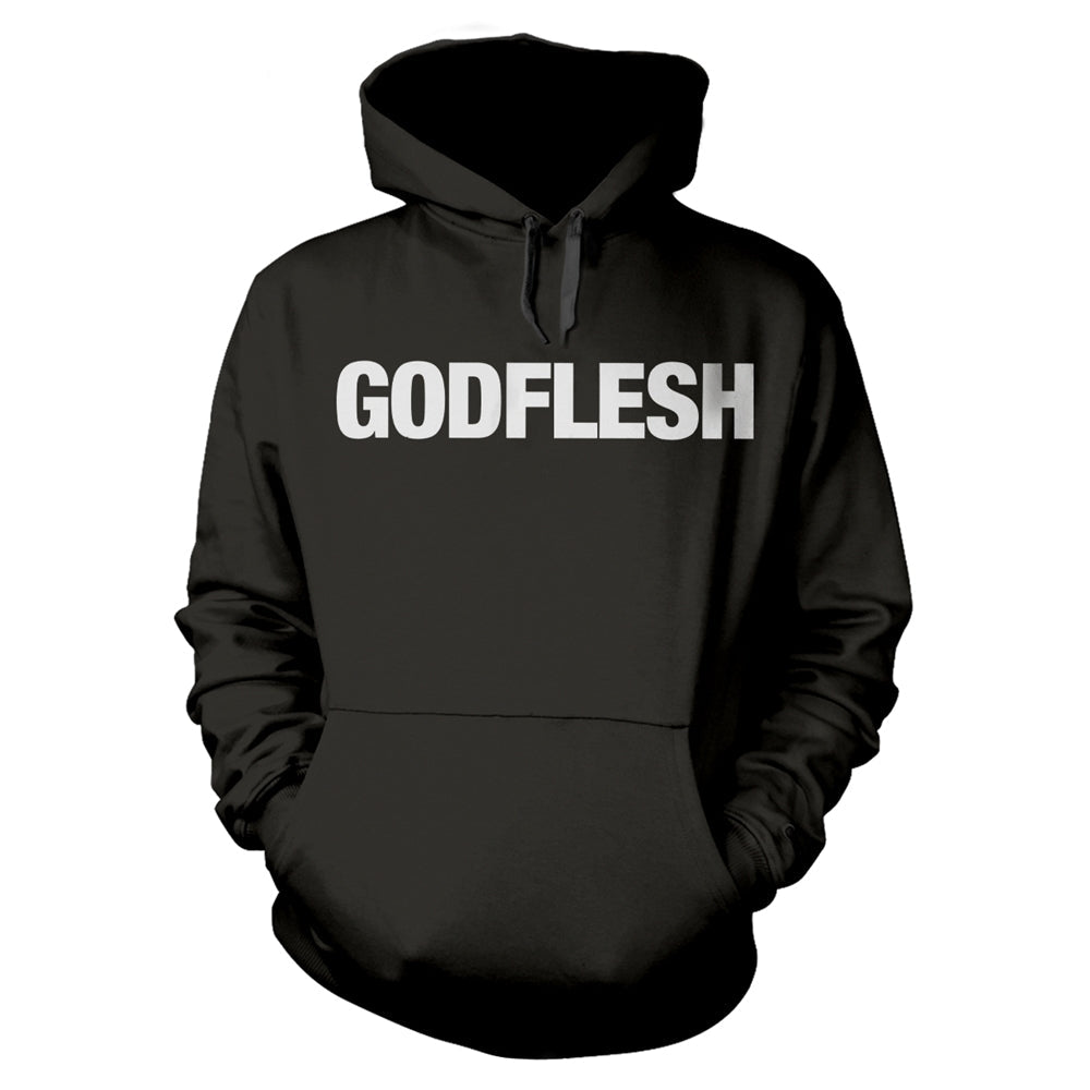 Black hooded sweatshirt with white "GODFLESH" text on the chest.
