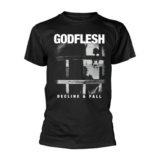Black t-shirt with white "GODFLESH - DECLINE & FALL" text and abstract image.
