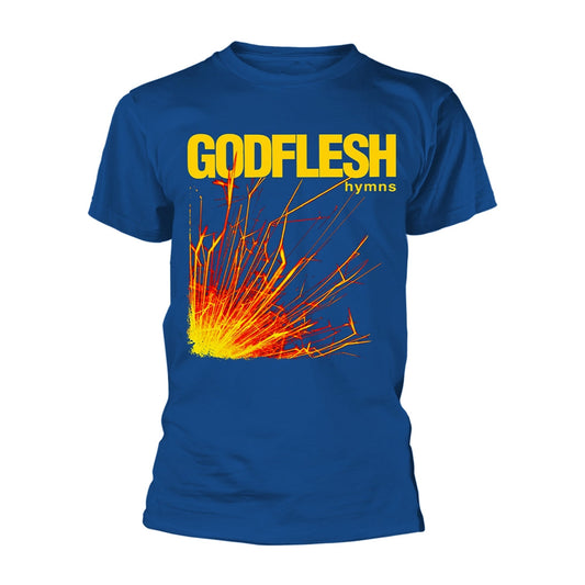 Blue t-shirt with "GODFLESH - HYMNS" album art featuring sparks.