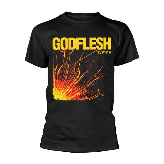 Black t-shirt with album art: "Godflesh - Hymns" featuring sparks.
